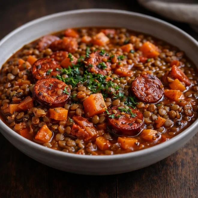 Lentilles à l’espagnole au chorizo : recette mijotée