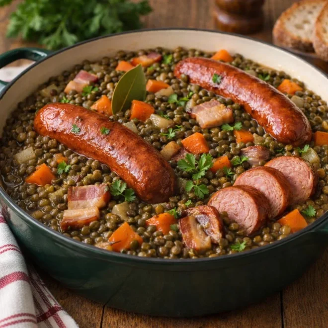 Lentilles vertes aux saucisses fumées et lard