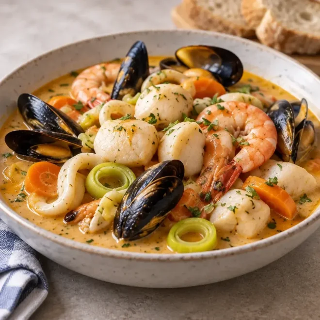 Marmite crémeuse de fruits de mer, généreuse et fondante