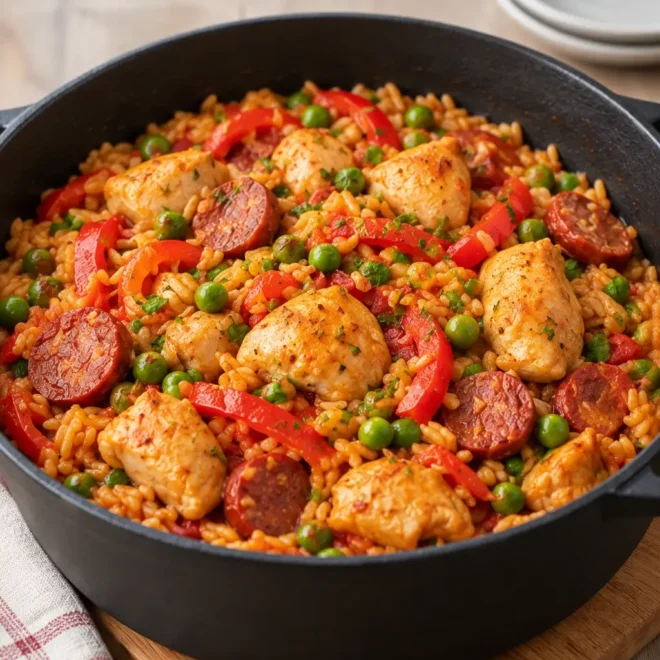 Marmite espagnole de poulet, chorizo, riz, poivron et petits pois au Cookeo