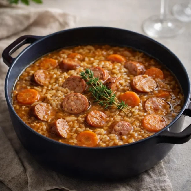 Marmite toulousaine : saucisses, carottes & riz au vin blanc