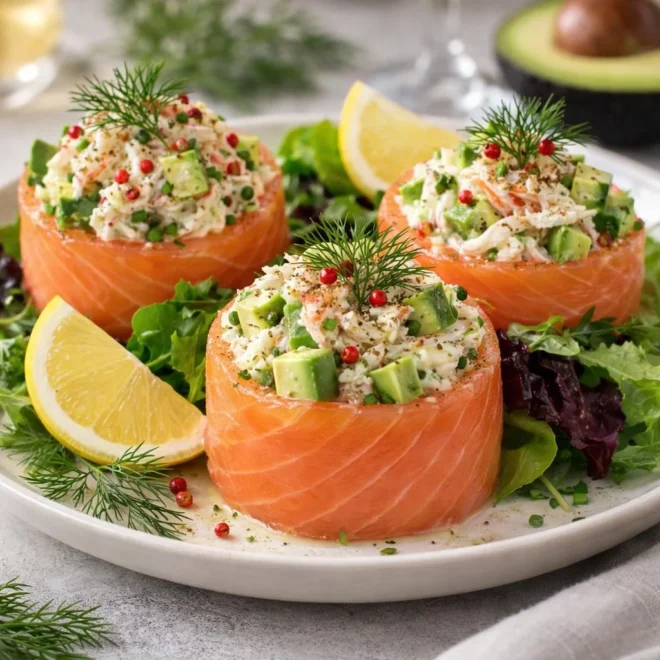 Médaillons de saumon fumé au crabe et avocat