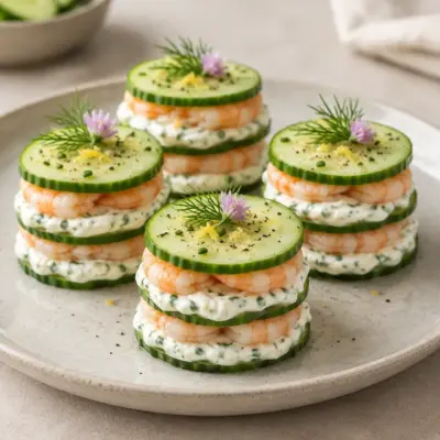Mille-feuille concombre crevettes, recette fraîche