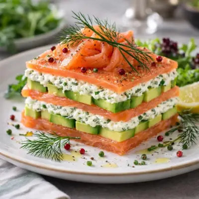 Mille-feuille de saumon fumé avocat fromage frais