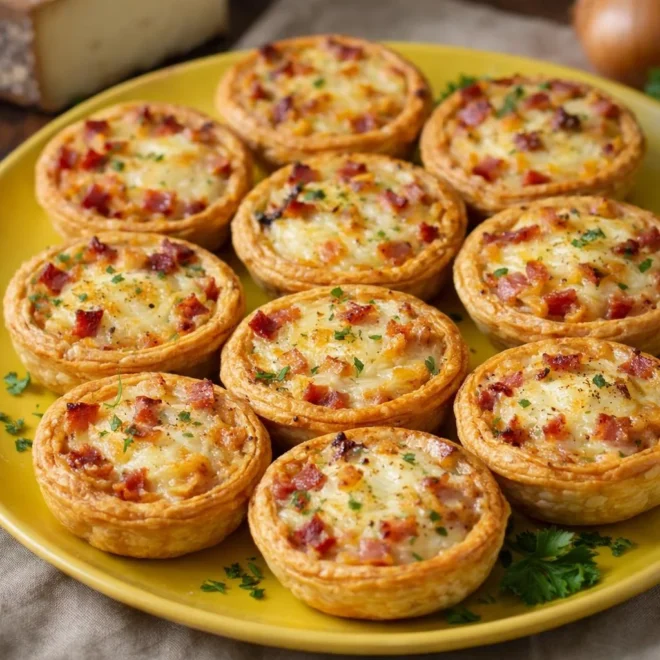 Mini-tartelettes au Saint-Nectaire oignons lardons