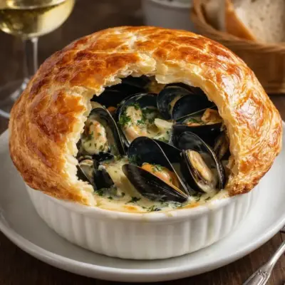 moules en croûte feuilletée sauce au vin blanc