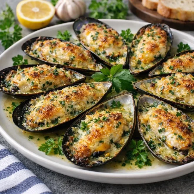 Moules gratinées au beurre d’ail persil parmesan