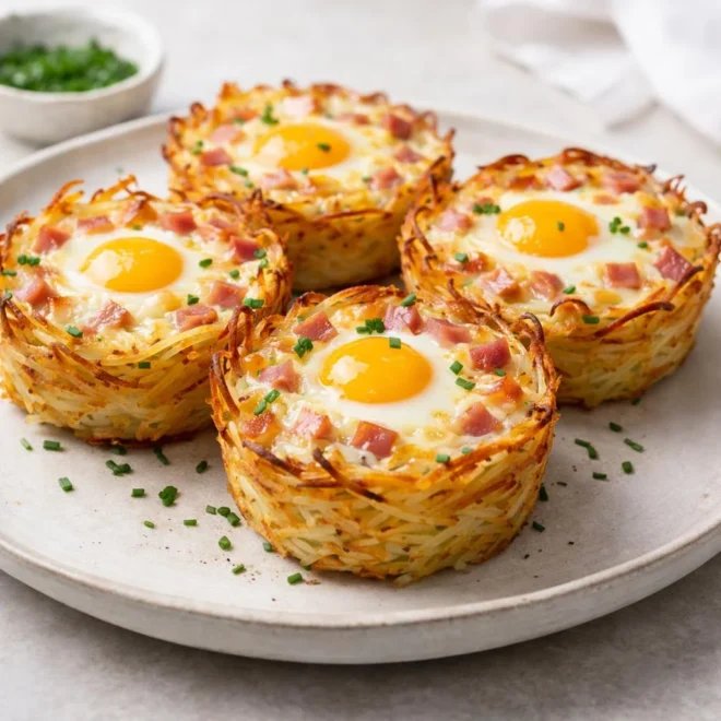 Nids de pommes de terre aux œufs jambon fromage