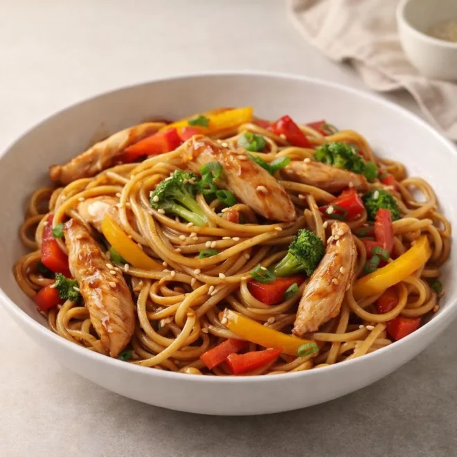 Nouilles chinoises sautées au poulet au wok (30 min)