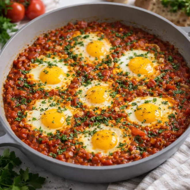 Shakshuka aux œufs : œufs pochés en sauce tomate épicée