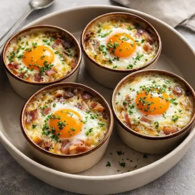Œufs cocotte campagnards : lard, oignon & ail