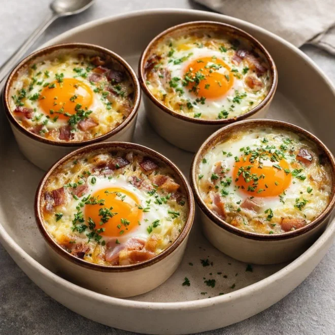 Œufs cocotte campagnards à la manière de Laurent Mariotte (oignon, ail et lard)