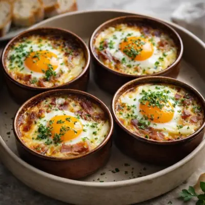 Œufs cocotte campagnards bacon oignons ail