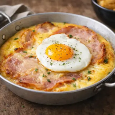 Omelette soufflée au jambon et œuf mollet au four