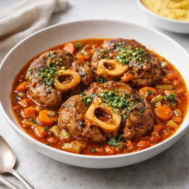Osso buco de veau à l’italienne, sauce tomate mijotée aux carottes et céleri