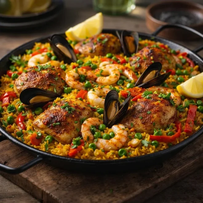 Paella espagnole classique au poulet, crevettes et moules (riz safrané façon Valence)