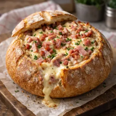 Pain boule farci camembert, jambon et lardons