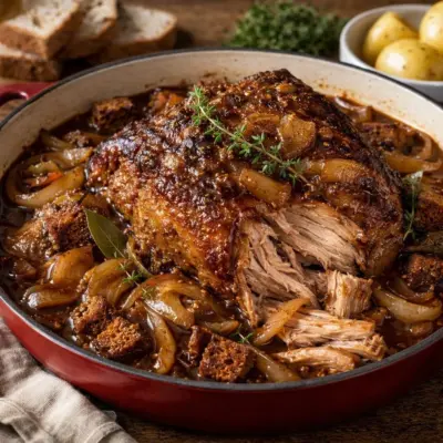 Palette de porc à la bière brune : oignons & pain d’épices