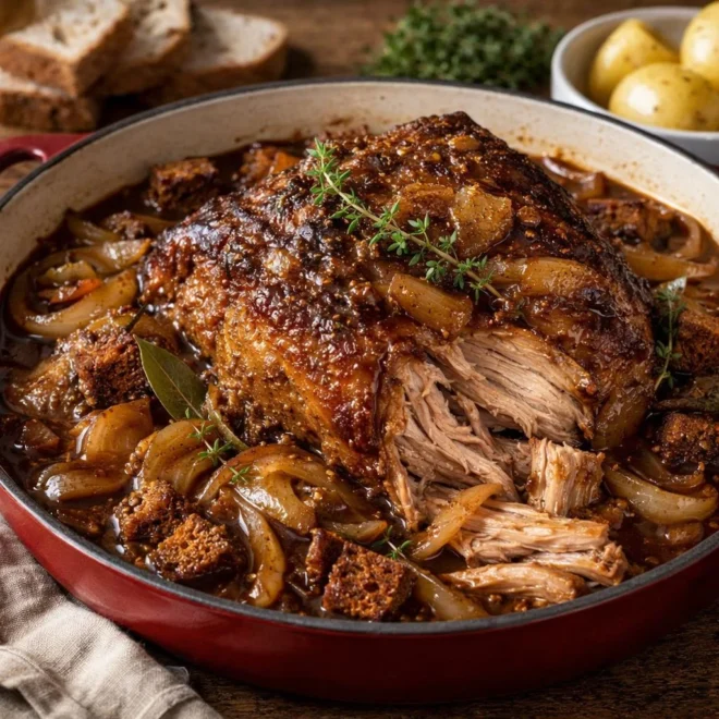 Palette de porc à la bière brune : oignons & pain d’épices