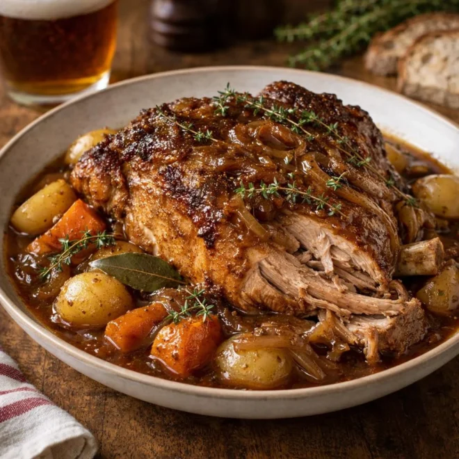 Palette de porc confite à la bière ambrée, fondant