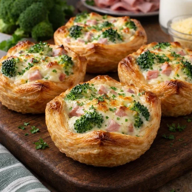 Paniers feuilletés brocoli jambon béchamel, dorés