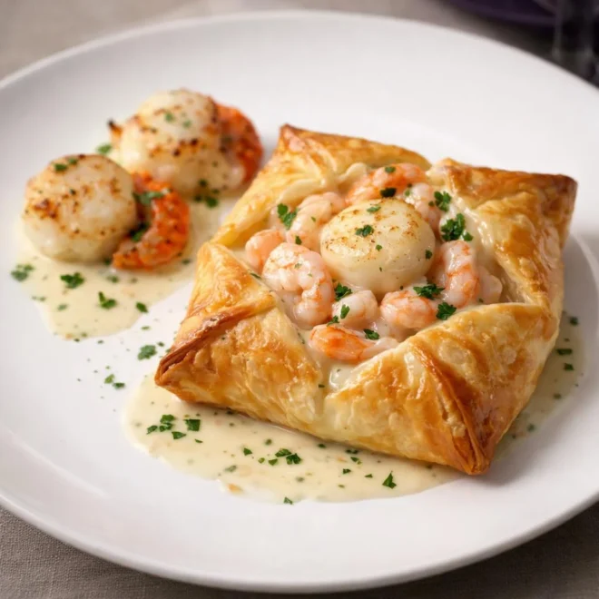 paniers feuilletés aux Saint-Jacques et crevettes roses