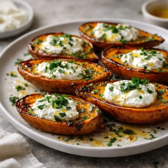 Patates douces rôties au chèvre et au miel