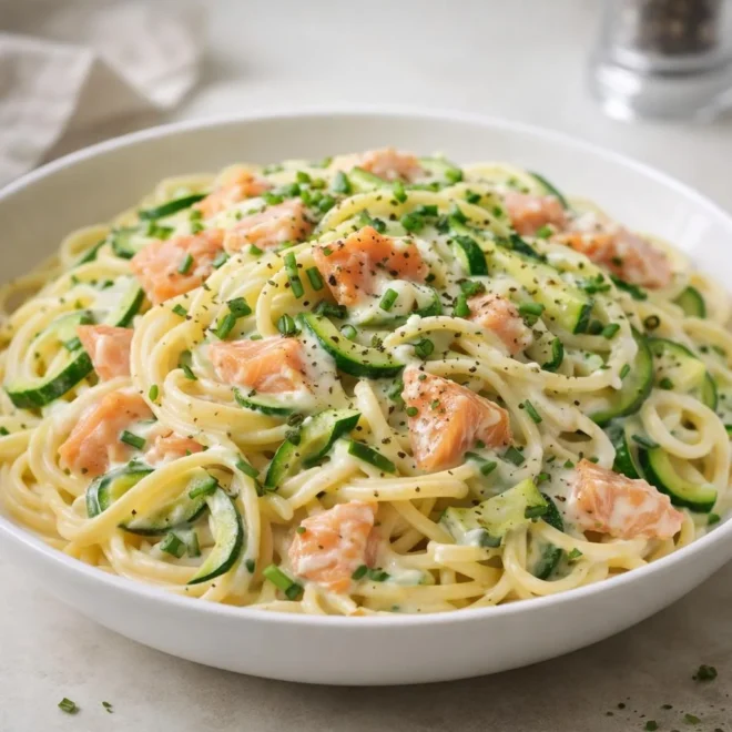 Pâtes au saumon et aux courgettes crémeuses à la ciboulette