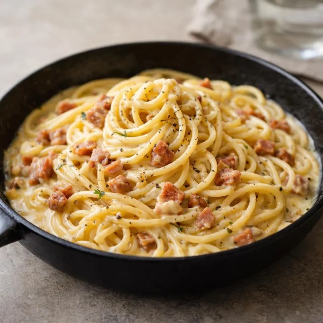 Pâtes à la carbonara crémeuse (sans crème ajoutée) aux lardons et au parmesan