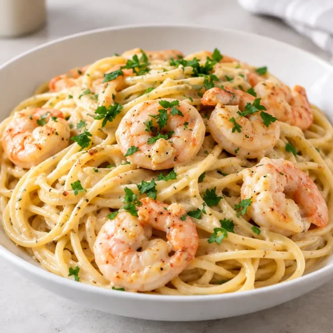 Pâtes crémeuses aux crevettes : recette facile