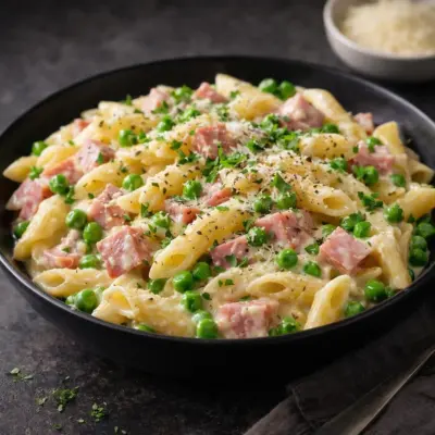 Pâtes crémeuses jambon petits pois au parmesan