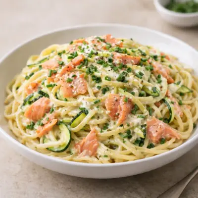 Recette pâtes au saumon et courgettes à la crème