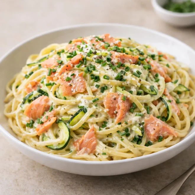 Pâtes crémeuses au saumon, courgettes et ciboulette