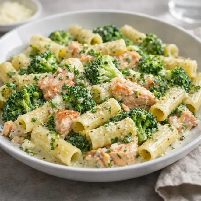 Pâtes au saumon crémeux et brocoli : sauce à l’ail