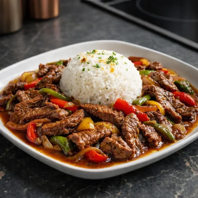 Bœuf au poivre (Pepper Steak) aux poivrons et oignons, riz blanc moelleux