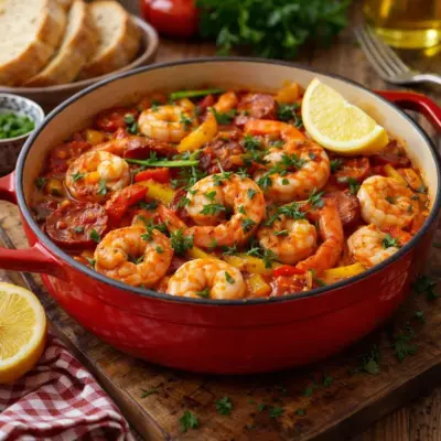 Poêlée de crevettes à l’espagnole au chorizo et poivrons
