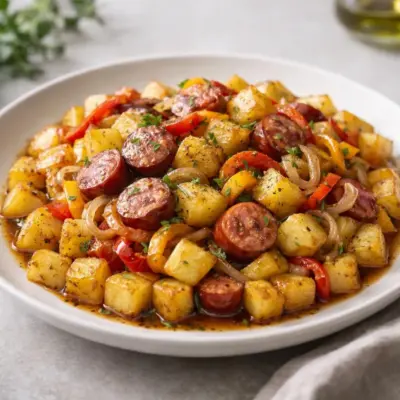 Poêlée de patates aux saucisses poivrons oignons (1 poêle)