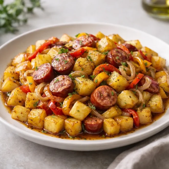 Poêlée de patates aux saucisses poivrons oignons (1 poêle)