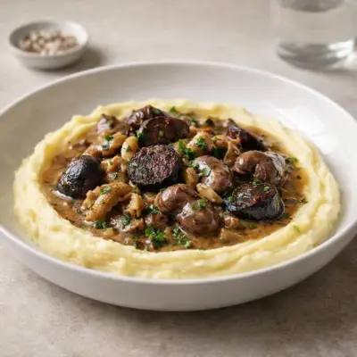 Poêlée de tripes rognons boudin noir sur purée