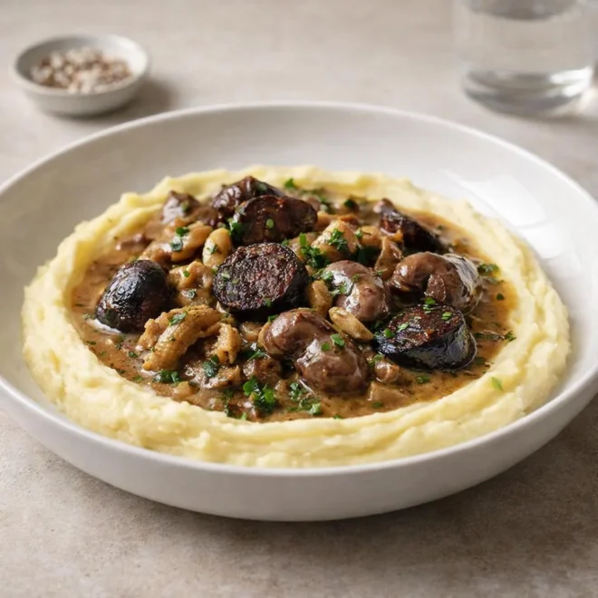 Poêlée de tripes rognons boudin noir sur purée