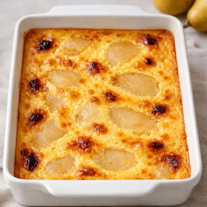 Poires aux œufs au lait : gratin vanillé facile