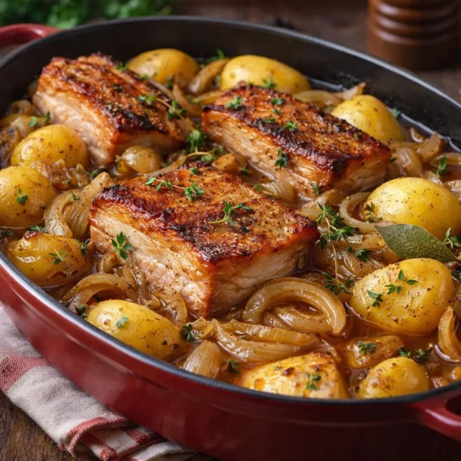 Poitrine de porc confite aux oignons et pommes de terre