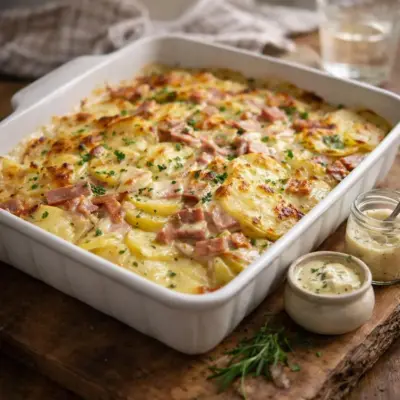 Gratin de pommes de terre au jambon : sauce crémeuse