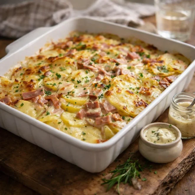 Gratin de pommes de terre au jambon : sauce crémeuse