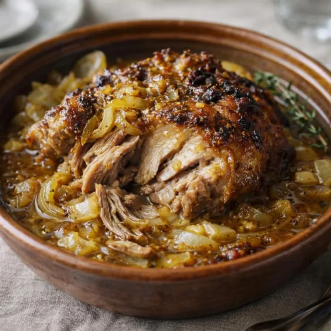 Porc braisé à l’oignon : épaule fondante et sauce