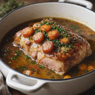 Porc braisé au vin blanc et aux herbes, fondant