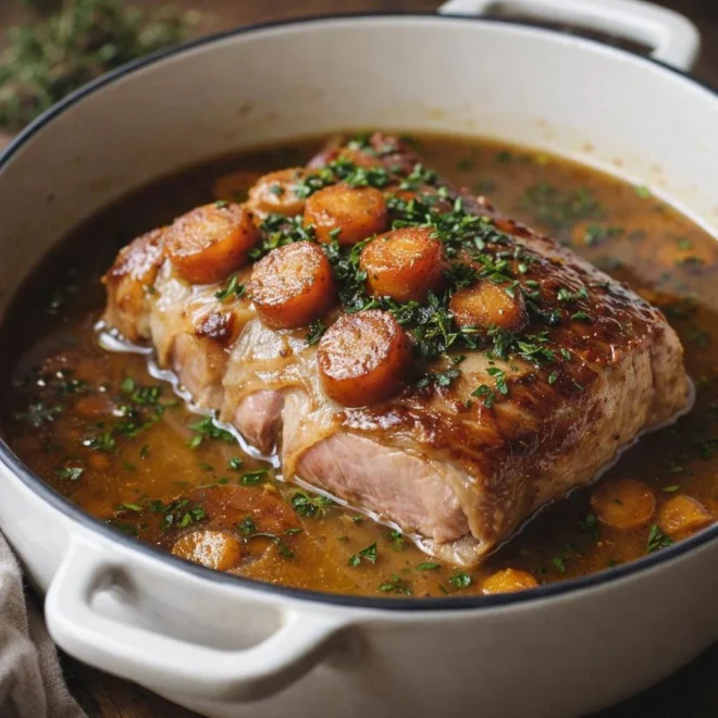 Porc braisé au vin blanc et aux herbes, fondant