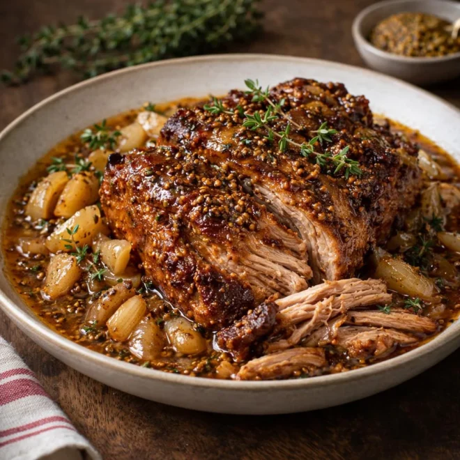 Porc braisé au sirop d’érable et moutarde à l’ancienne