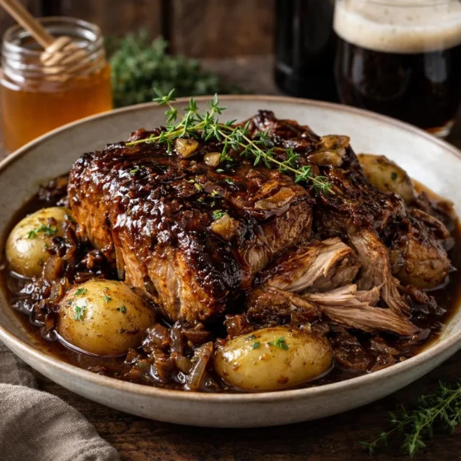 Porc confit à la bière brune et au miel : sauce nappante