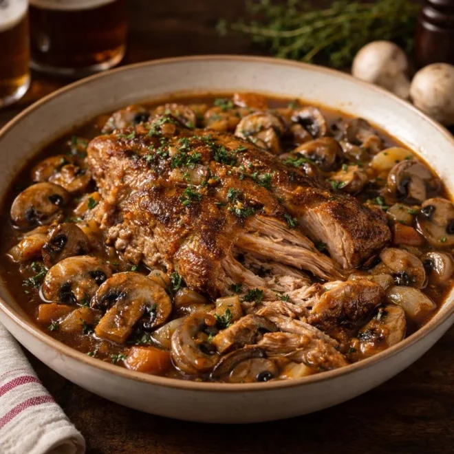 Porc mijoté à la bière et aux champignons
